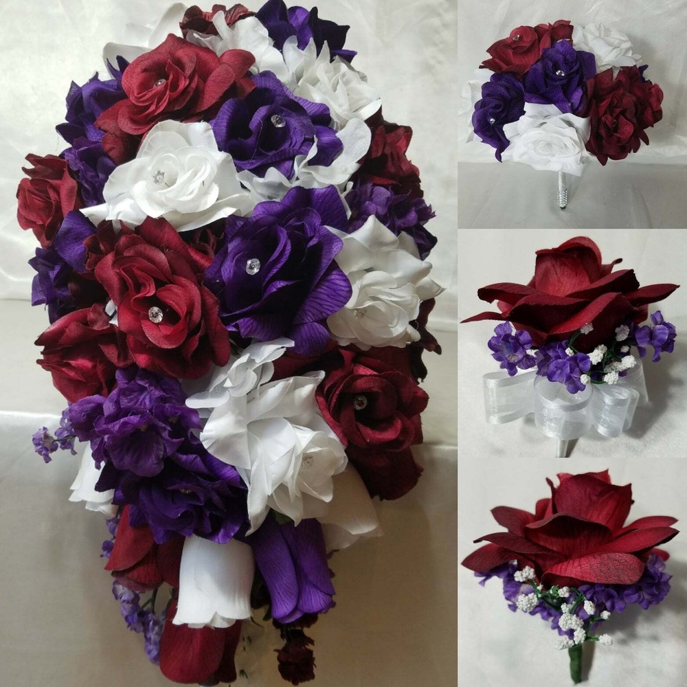 Burgundy Purple White Rose Calla Lily Bridal Wedding Bouquet Accessories
