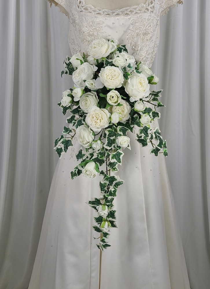 Dreamy White Rose and Ivy Cascade Faux Silk Wedding Bouquet