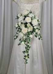 Dreamy White Rose and Ivy Cascade Faux Silk Wedding Bouquet