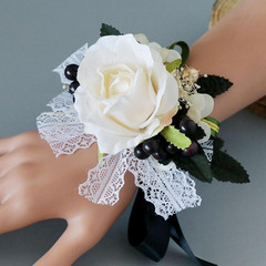 Ivory Rose and Black Wrist Corsage and Boutonniere Set for Wedding Flower Access