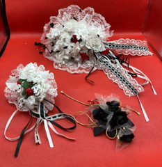 Bridal & Flower Girl Bouquets, Boutonnieres, Black and White with Red Roses