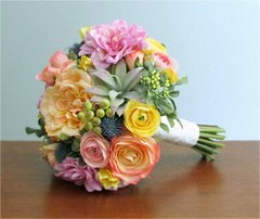 Silk Flower BRIDAL BOUQUET Pastel Rainbow Colors Dahlia Roses Ranunculus Thistle