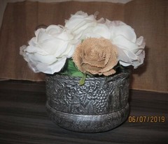 Burlap Roses & White Silk Rose Handmade Arrangement in Metallic Pot