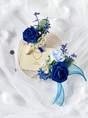 Deep Blue Corsage & Boutonniere Set – 2 Pcs Wrist Bracelets for Wedding, Prom, P