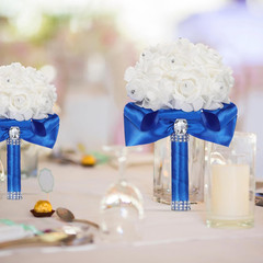Royal Blue Wedding Bouquet Set – 6 Pack with Diamonds & Ribbons for Bride & Brid