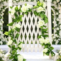 Artificial Rose Vine, 2 Pack 7.5FT Fake White Flower Garland with Green