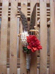 6 Rustic Western Boutonnieres ~ Rust Flower w/Feathers & Jute Twine ~ Hand Made