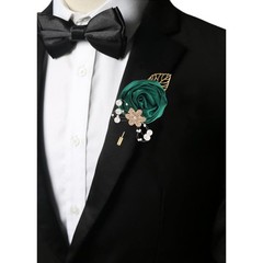 Handcrafted Gold Satin Rose Corsage, Crystal Flower & Pearl Accents, Emerald Gre