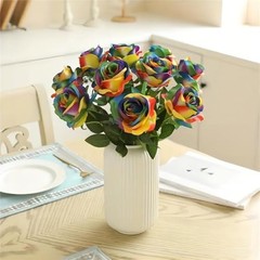 12 PCS Artificial Flowers Rainbow Roses Silk Flowers Fake Long Stem Colorful