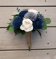 Navy Gray Sola Wood Flower Bridal Cascade Bouquet Wedding Artificial Bridesmaid