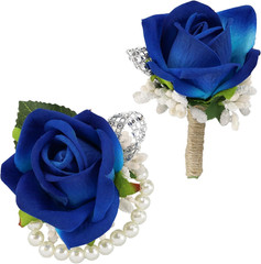 2Pcs Blue Corsage and Boutonniere Set,Corsage Wristlet for Prom Decor,Boutonnier