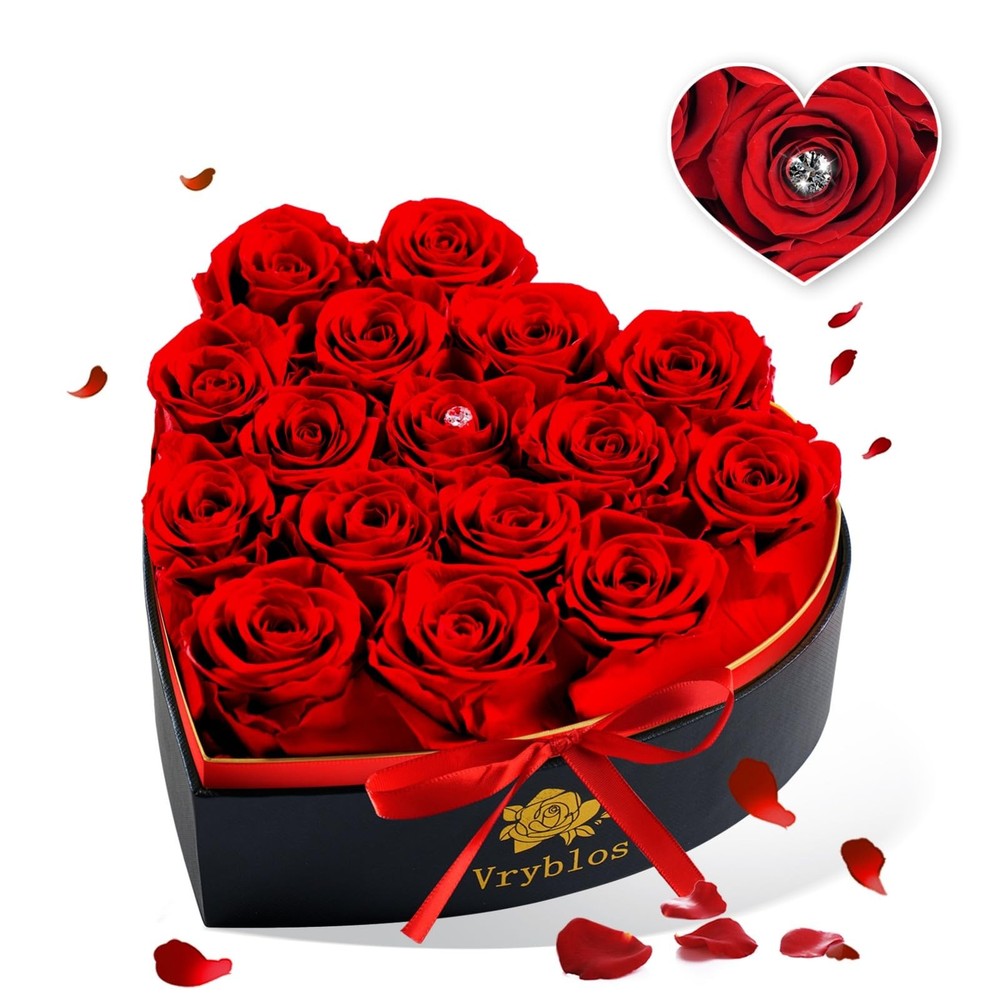 Forever Red Roses in a Heart Shaped Box 16 Preserved 16 Roses, Heart-red