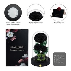 3 Preserved Flowers Roses in Glass Dome for Beauty and The Black