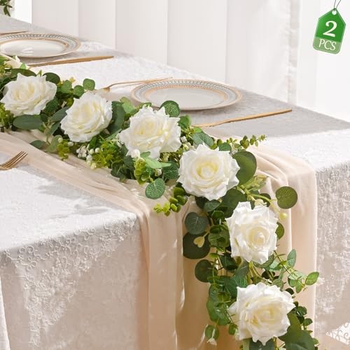 13 FT Artificial Flower Garlands Real Touch Fake Floral Silk Rose 2Pcs White