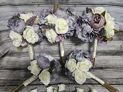 12 Piece Wedding Bouquet Set, Purple, Ivory, Rose, Peony, Vintage Style Bouquets