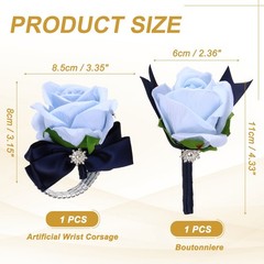 2Pcs Wrist Corsage Boutonnieres Set with Navy Blue Ribbon, Light Blue