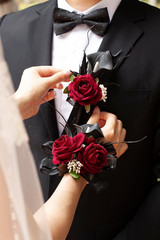 Black Burgundy Corsage and Boutonniere Set for Wedding Prom, Artificial Calla Li
