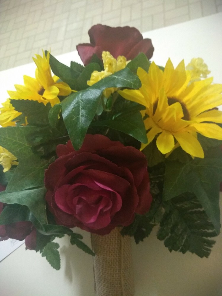 21PC Piece Pkg Wedding Bridal Bouquet Silk Flowers Burg Burlap Sunflower Yellow