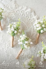 Wedding Boutonniere, 10pcs White Flower Greenery with Built-in Pins Groomsmen