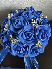 Royal Blue Foam Rose Bouquet Gold Ribbon Accents Wedding Prom Quinceañera Ramo