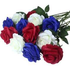 Artificial Roses Flowers, 12 Pcs Red White Blue 12-PCS Red, White, Blue