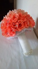 PEACHES AND CREAM WEDDING BOUQUET- PEACH/CREAM/PEARLS/SILVER TULLE-RHINESTONE PI