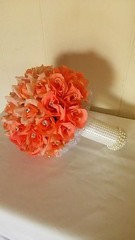 PEACHES AND CREAM WEDDING BOUQUET- PEACH/CREAM/PEARLS/SILVER TULLE-RHINESTONE PI