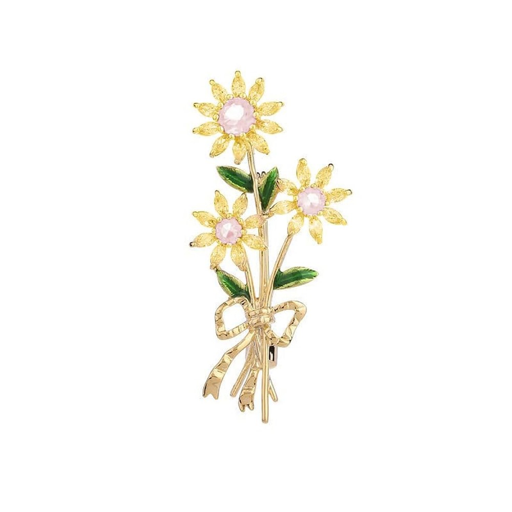 14K Gold Daisy Brooch with Crystal Inlay – Bright Bouquet Flower Crystal Broo…