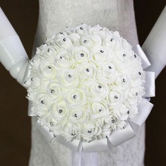 Bride Bouquet Bridal Rose Foam Flower Wedding White Satin Crystal Romantic Decor