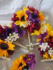 Fall Wedding Bouquet Set, Roses, Sunflowers, Purple, Yellow, Maroon