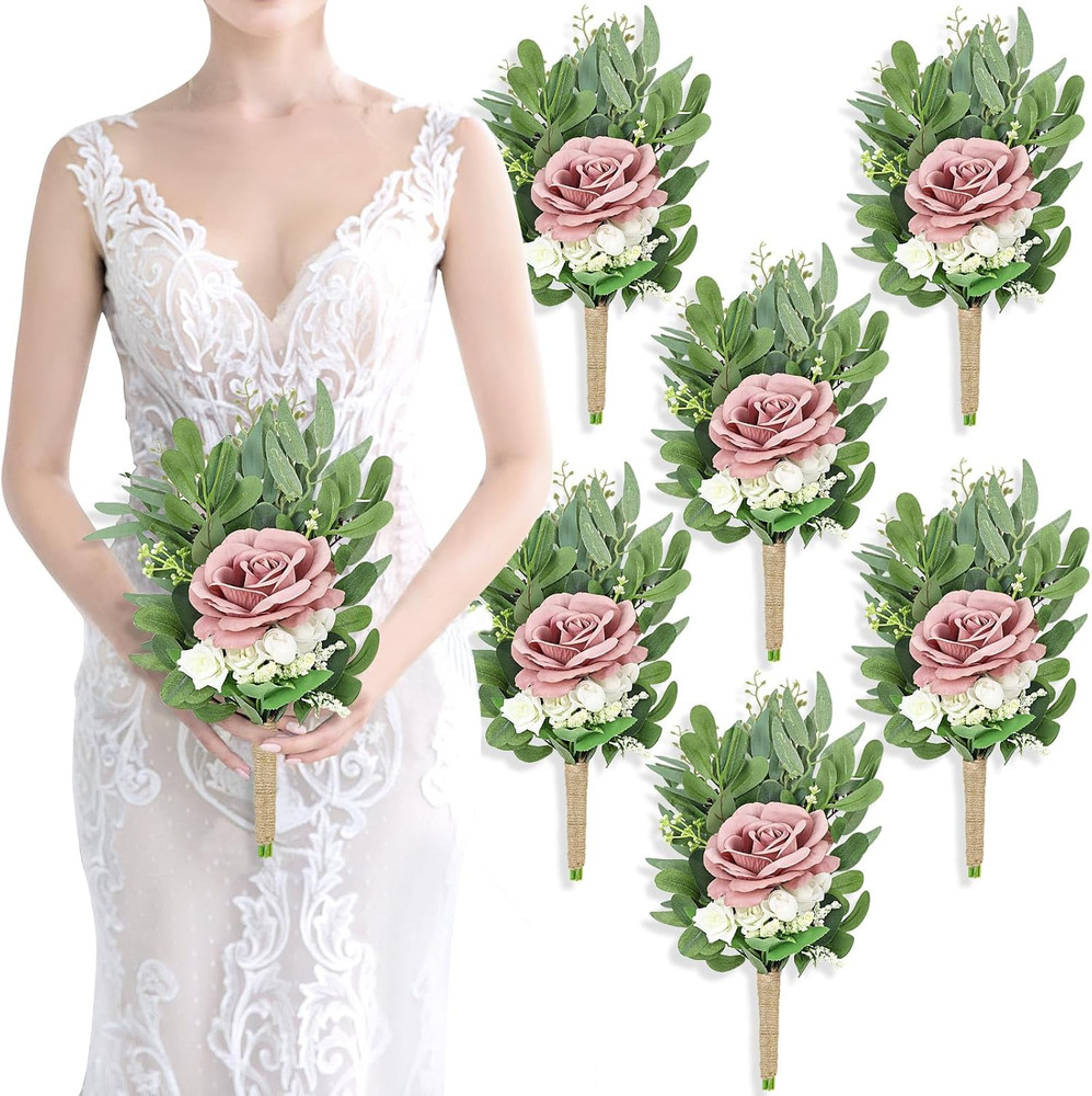 8 Inch Bridesmaid Bouquets Set of 6 – Artificial Flowers Greenery Bouquet for We