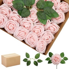 100PCS Light Pink Foam Roses with Bendable Stems & 24 Leaves – Wedding, Home, Pa