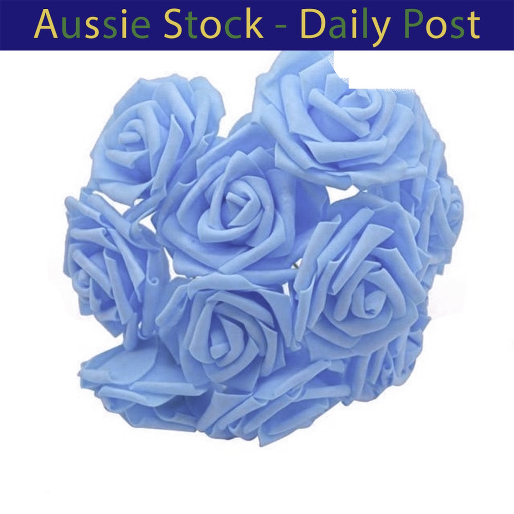 Light Blue 7cm Foam Flowers Rose Stems Artificial Wedding Bride Bouquet 20pcs