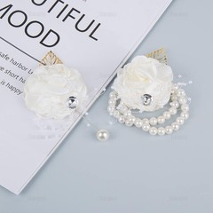 Adjustable White Silk Rose Wrist Corsage 2 Pack with Pearl Bead for Bridesmaids