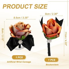 2Pcs Wrist Corsage Boutonnieres Set with Black Ribbon, Autumn Orange