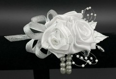 Handmade Bridal Satin Rose Wrist Corsage, Silver Anniversary Corsage 5″
