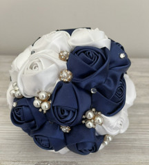 Blue White Bridal Bouquet Crystal Pearl Silk Roses Flower Wedding Holding Decor