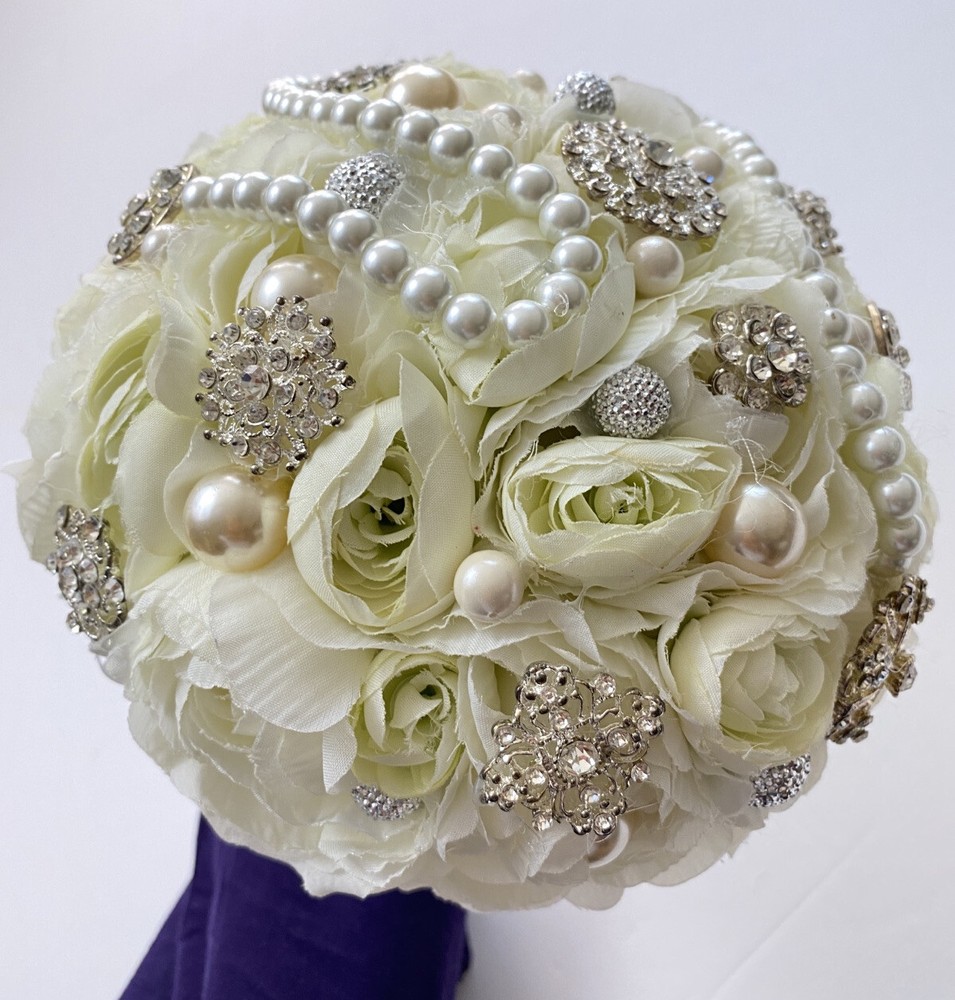 Handmade Wedding Bouquet White Light Green Pearl Artificial Flower Bling Bridal