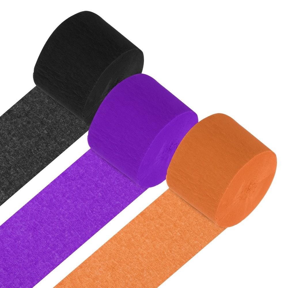 3Roll 1.8″x72FT Crepe Paper Streamers Decorations Black/Orange/Bright Purple