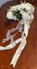BRIDAL/WEDDING BOUQUET WHITE CALLA LILIES/ROSES/ETC-CASCADING/RIBBONS