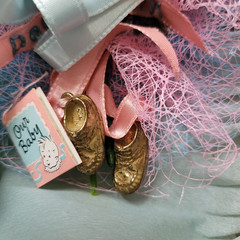 Vintage Corsage New Baby Gold Shoes Butterflies Clay Roses Pink Blue Ribbons