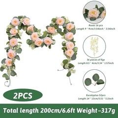 2 Pcs Pink 6.6Ft Artificial Eucalyptus Flower Garland with Fake Rose Pink-2pcs