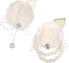 Adjustable White Silk Rose Wrist Corsage 2 Pack with Pearl Bead for Bridesmaids