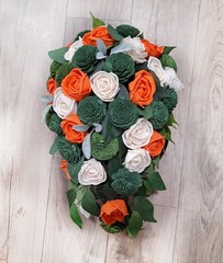 Orange & Green Cascade Bridal Bouquet Sola Wood Dark Forest Olive Pumpkin Flower