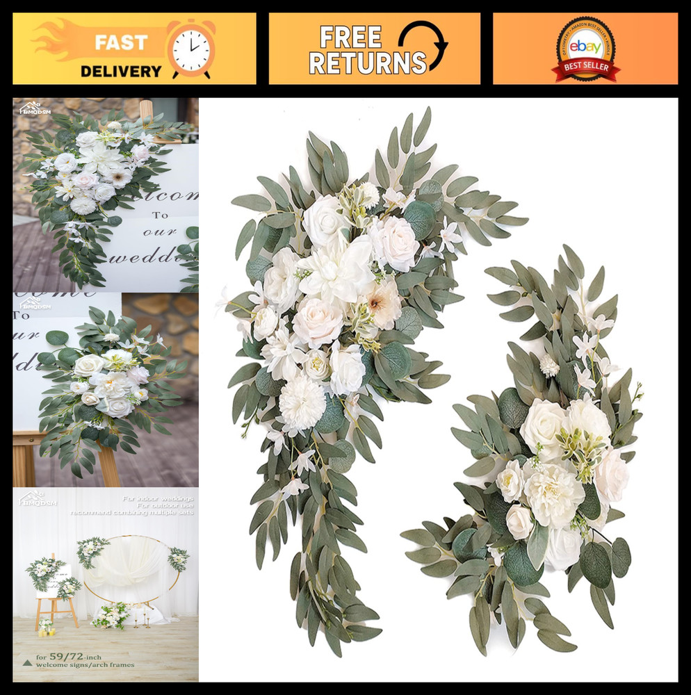 Faux Flower Wedding Arch Set of 2 – Welcome Sign & Ceremony Backdrop Decor