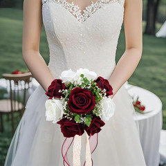 9in Wedding Bouquets for Bride Bridesmaid, Burgundy & White Artificial Roses Flo