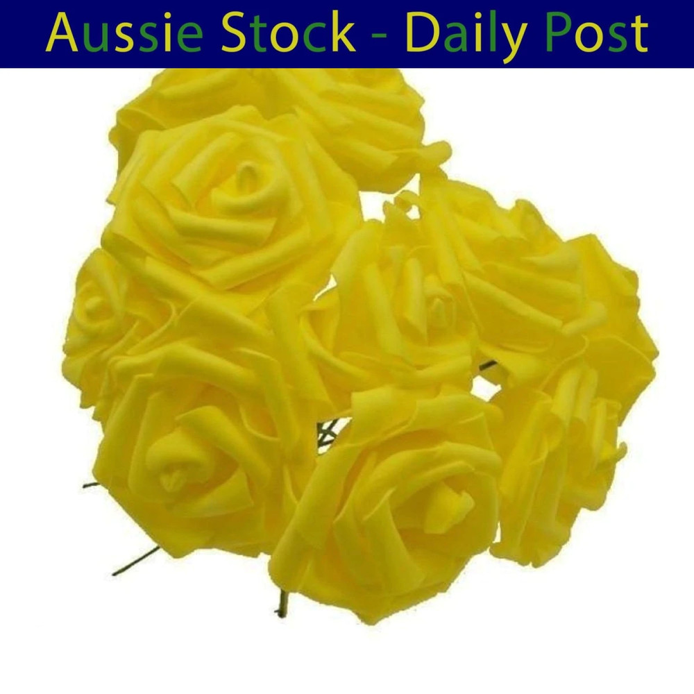 Yellow 7cm Foam Flowers Rose Stems Artificial Wedding Bride Bouquet 20pcs