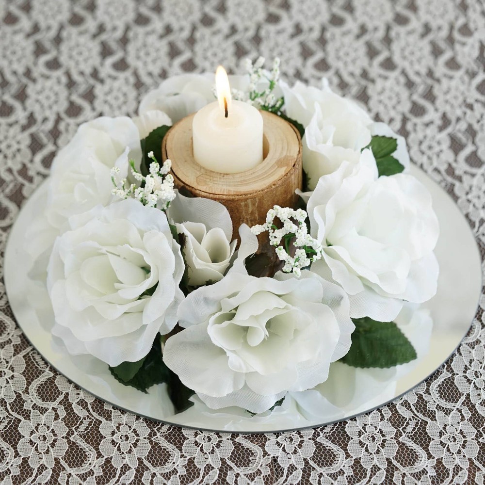 8 Ivory CANDLE RINGS with SILK ROSES Wedding Party Flowers for Centerpieces
