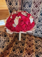 Bridal bouquet of Heart Rhinestones Red & White Roses satin flower
