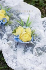 Yelinart Corsage & Boutonniere Artificial Yellow Rose Blue Flowers 2 piece set